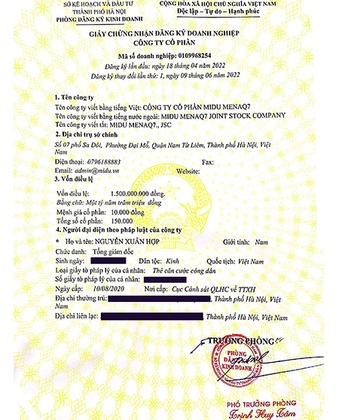 Giấy phép kinh doanh Công ty Cổ phần Midu MenaQ7